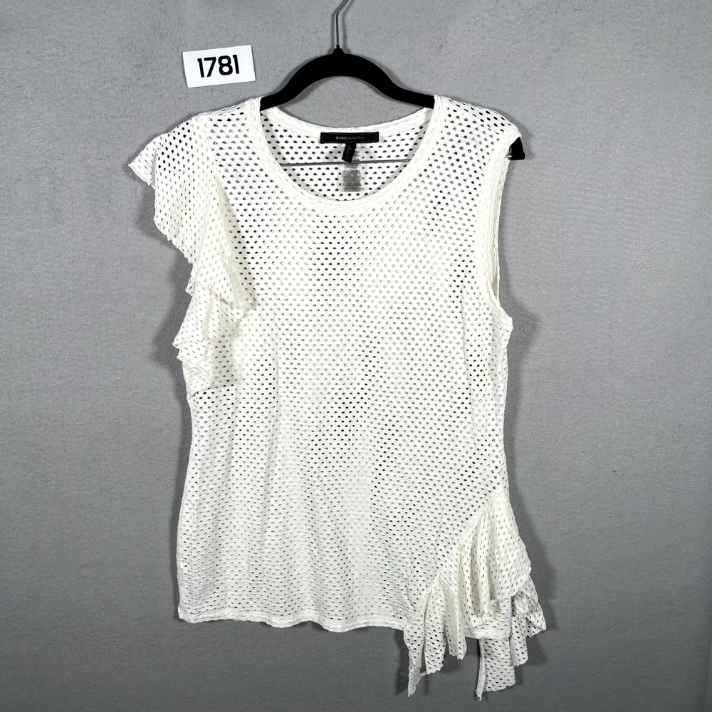 BCBGMAXAZRIA Tank Top Women Large White Rayon Stretch Mesh Ruffle Pointelle Knit